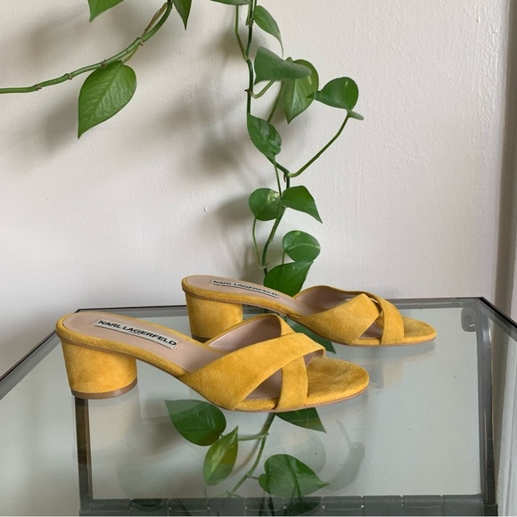 Karl Lagerfeld Fawn Yellow Leather Suede Open Toe Slide Block Heel Sandal Size 6 - Picture 5 of 15